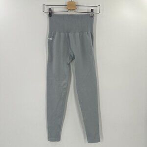 Stax Seamless High Waisted Leggings S Small Blue Grey Ribbed Waistband Gym